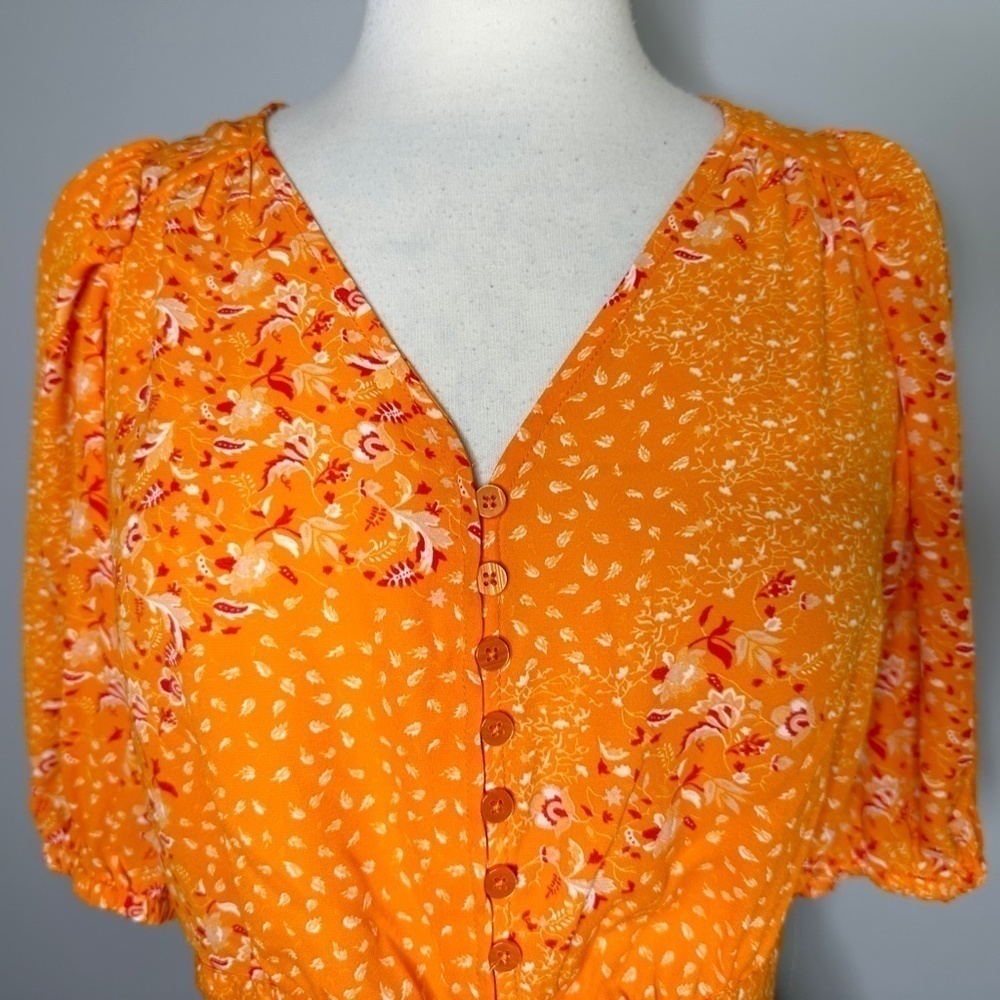 Joie Blouse Sz S Shirt Floral Orange Button Bow Tie Front Crop Cottagecore - Picture 2 of 11
